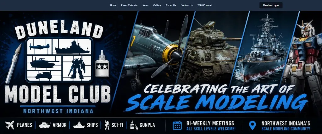 Duneland Model Club homepage hero with custom branding, navigation, and community imagery